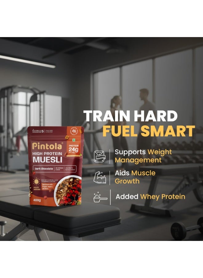 PINTOLA 24G Protein Added Muesli, Dark Chocolate 400g | 0% Refined Sugar | Gluten Free | Power of 5 Wholegrains | With Almonds, Seeds, Cranberries & Raisins | Sweetened with Organic Jaggery & Dates | Perfect Breakfast - Image 5